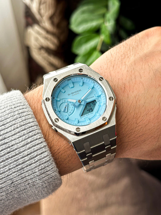 G-SHOCK CasiOak Full Silver-with blue watch dial