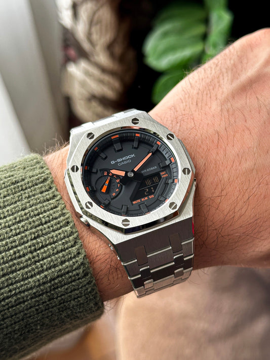 G-SHOCK CasiOak Full Silver-with black and orange watch dial