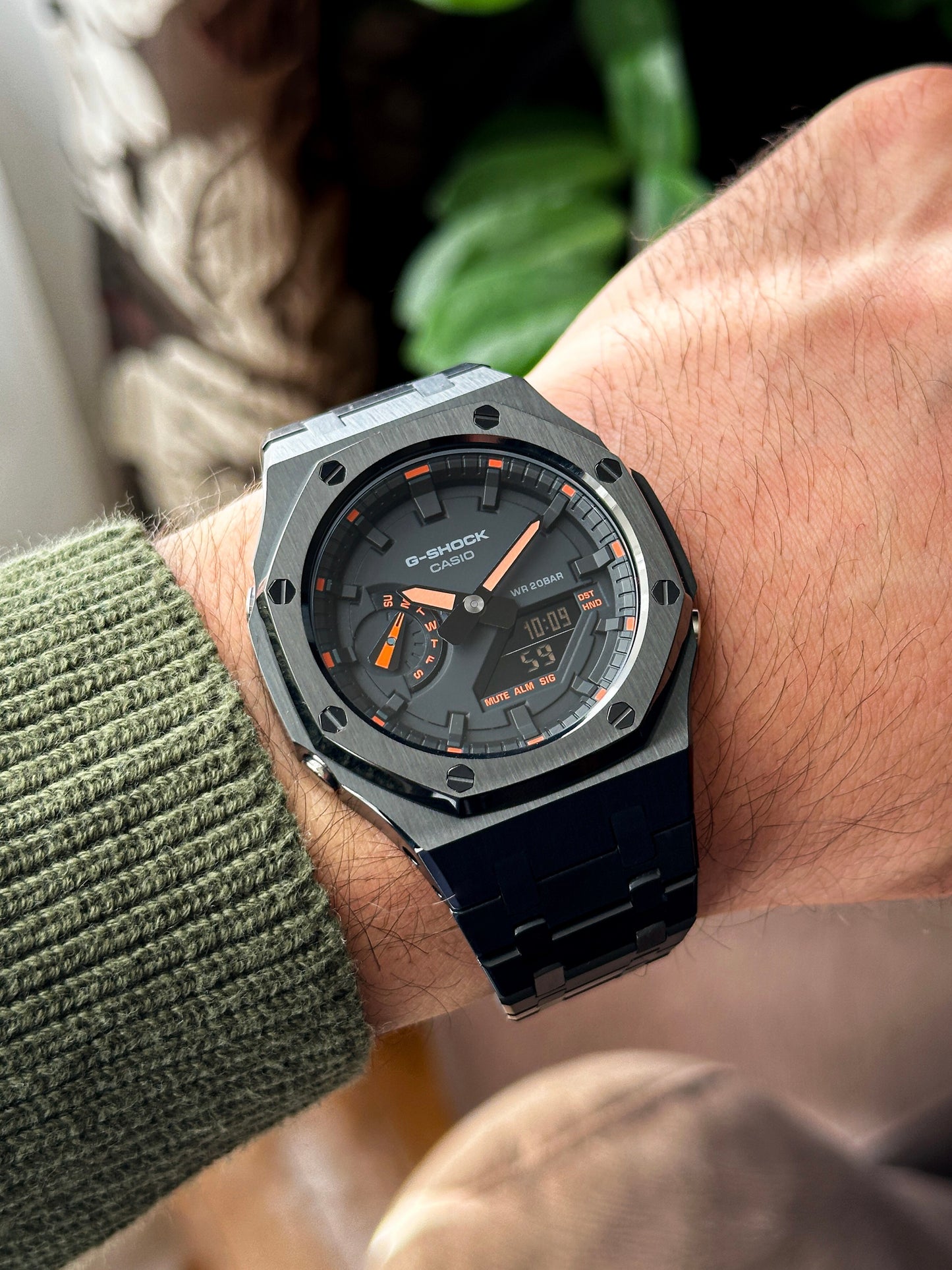 G-SHOCK CasiOak Full Black-with black and orange watch dial