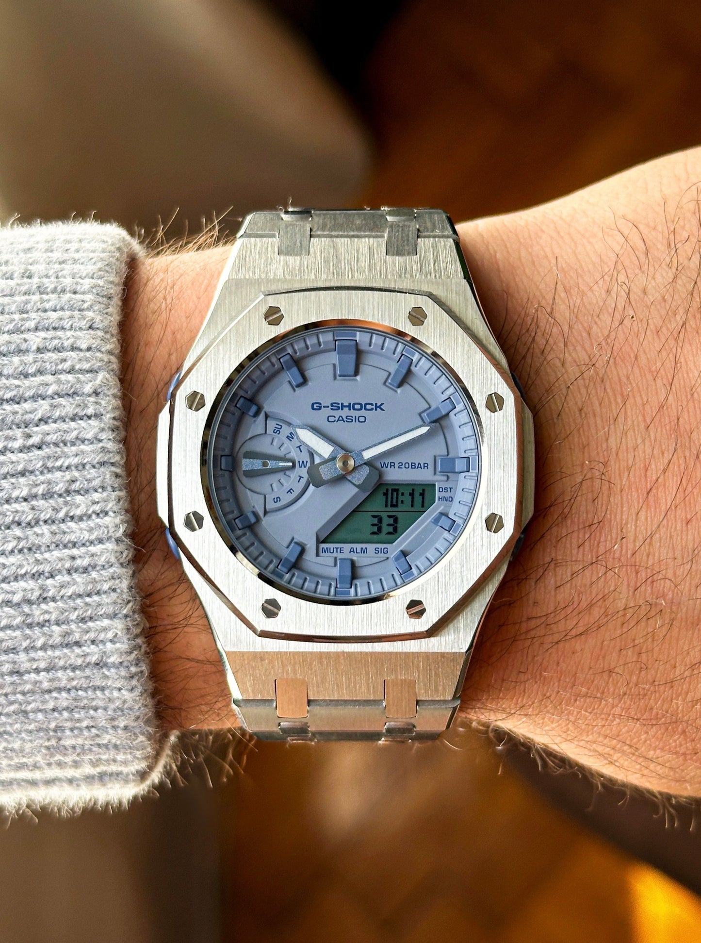 G-SHOCK CasiOak Full Silver - with pastel blue watch dial