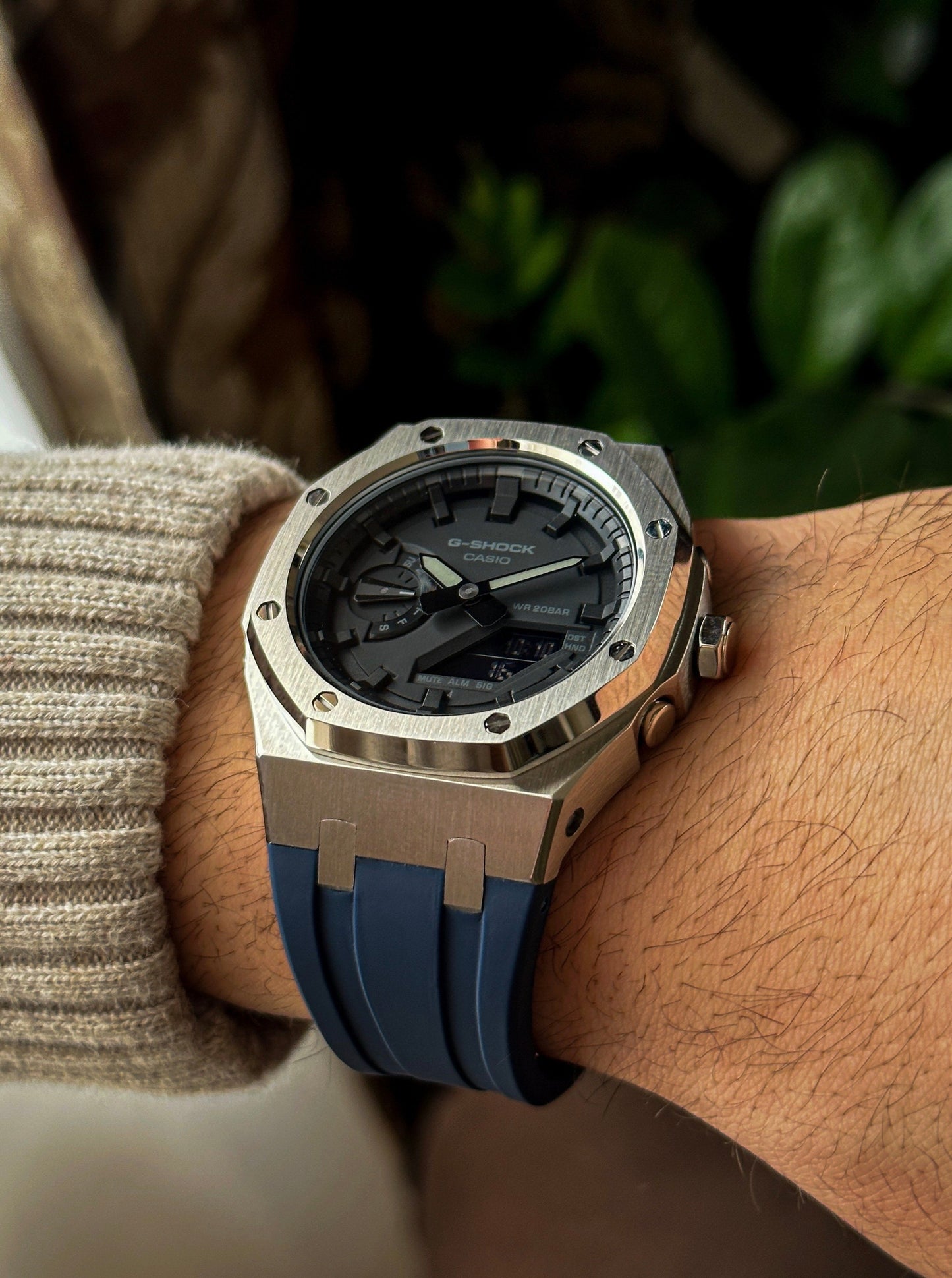 G-SHOCK CasiOak Navy Blue-Silver with black watch dial